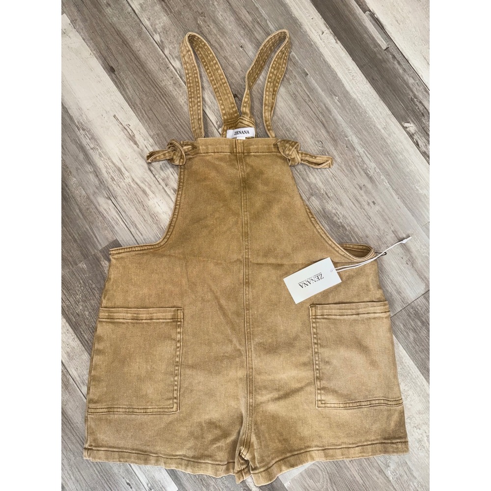 Zenana Shortalls Womens Tan Mineral Wash Knot Tie Pocket Overalls Medium M